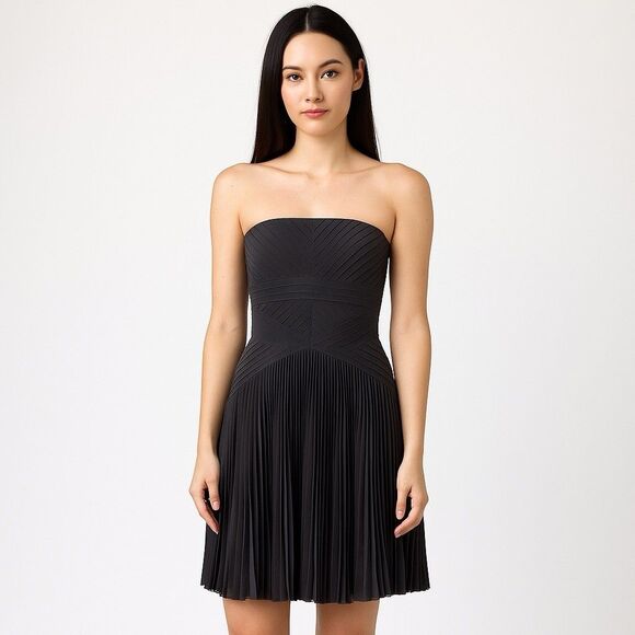Carmen Marc Valvo Black Strapless Pleated Cocktail Dress Size 4 Silk poly blend - Picture 1 of 9